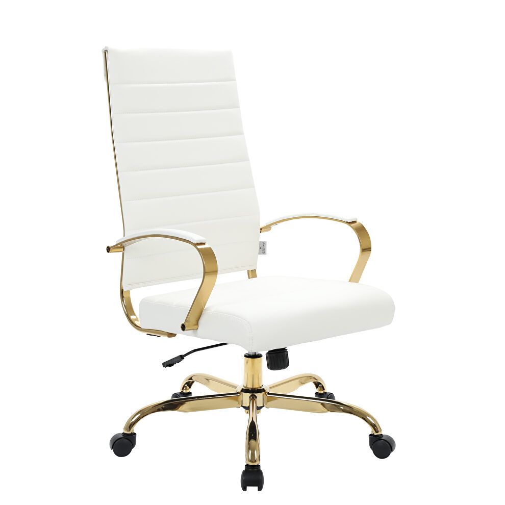 White faux leather and polished gold steel frame swivel office chair by Leisure Mod