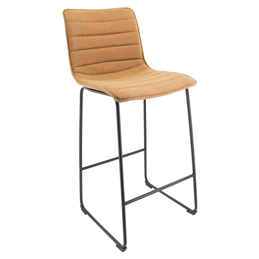 Light brown modern leather bar stool with black iron base & footrest by Leisure Mod