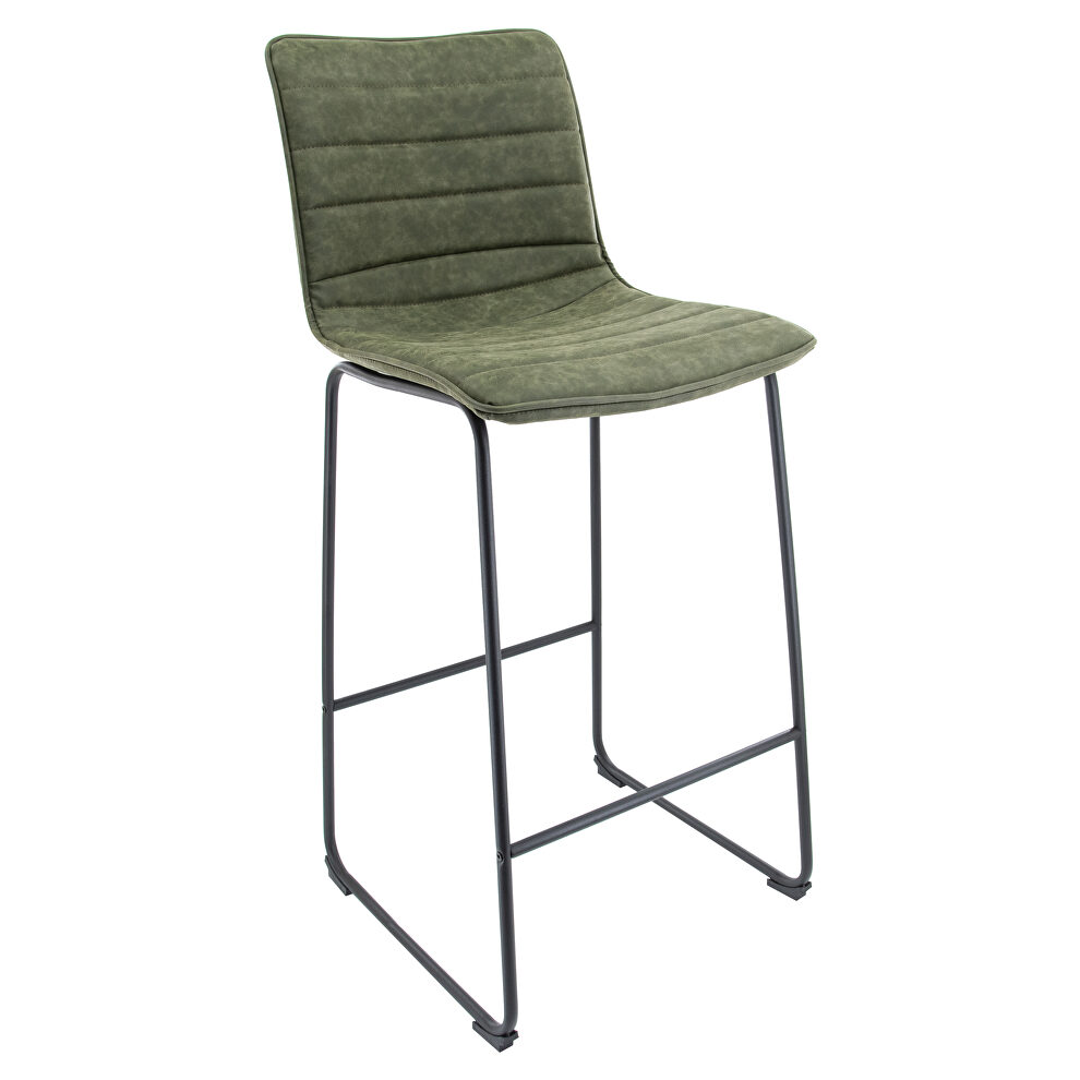Olive green modern leather bar stool with black iron base & footrest by Leisure Mod