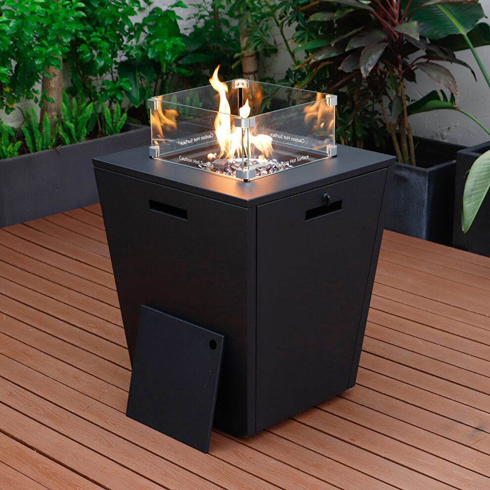 Black aluminum patio modern propane fire pit side table by Leisure Mod