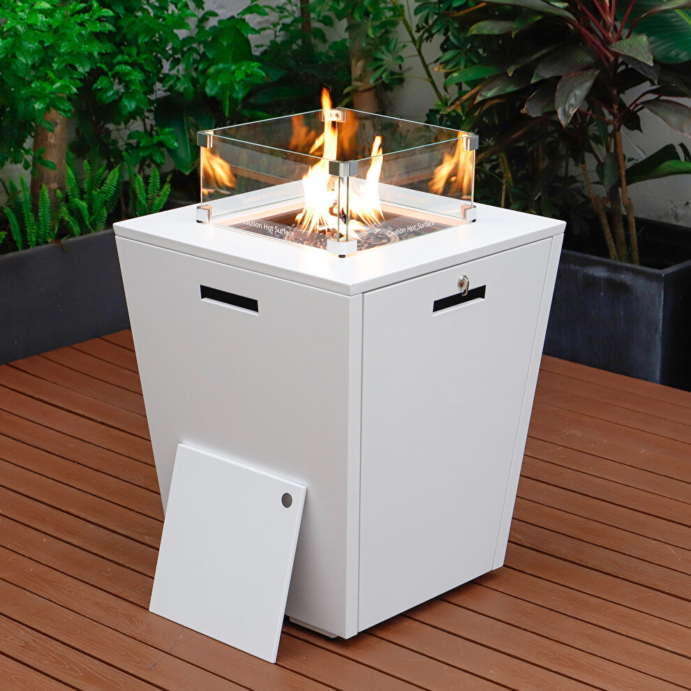 White aluminum patio modern propane fire pit side table by Leisure Mod