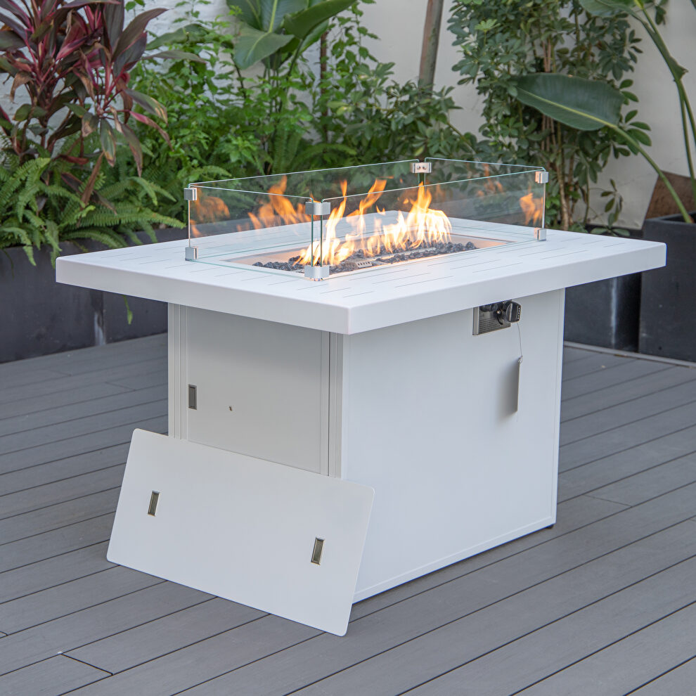 White patio modern aluminum propane fire pit table by Leisure Mod