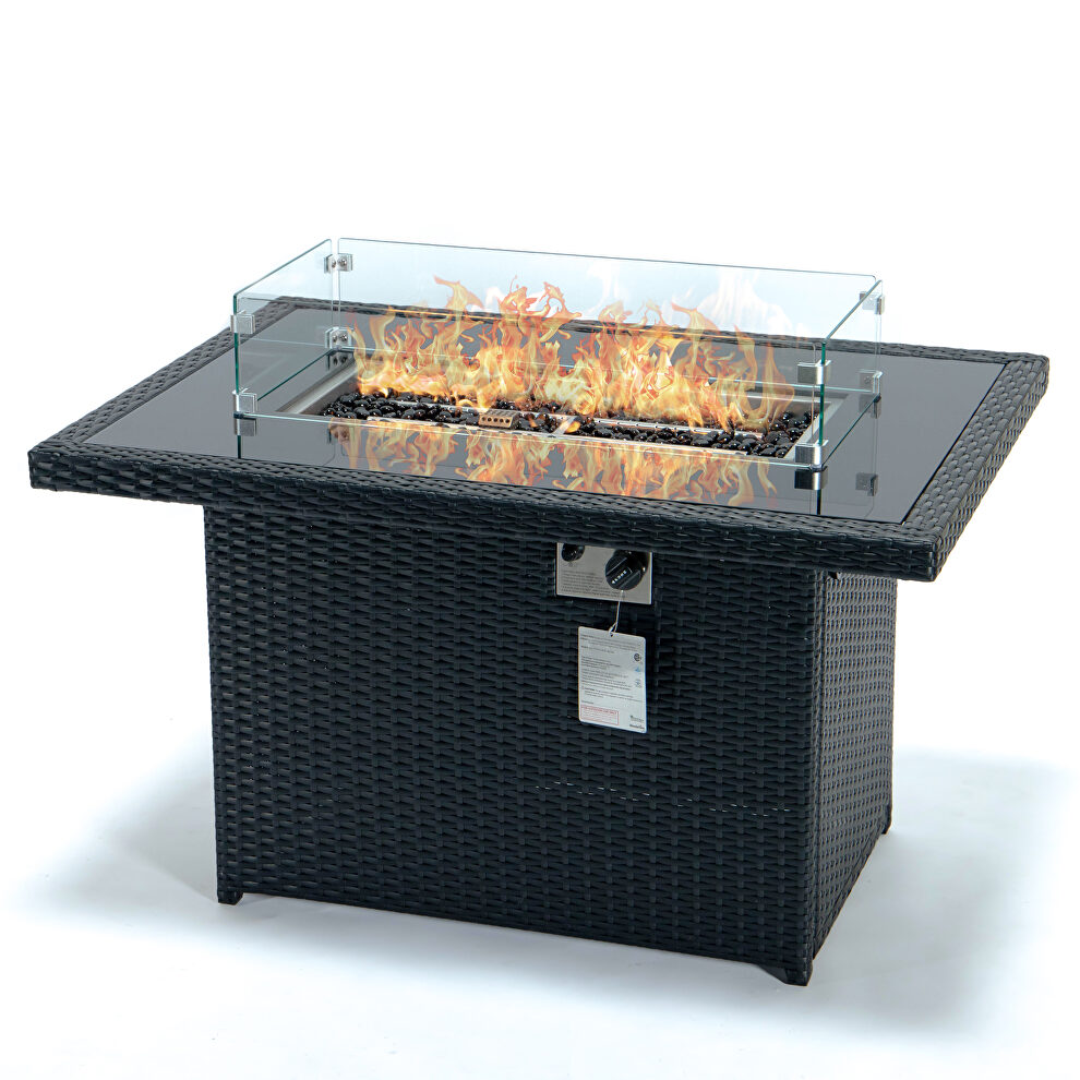 Black wicker patio modern propane fire pit table by Leisure Mod