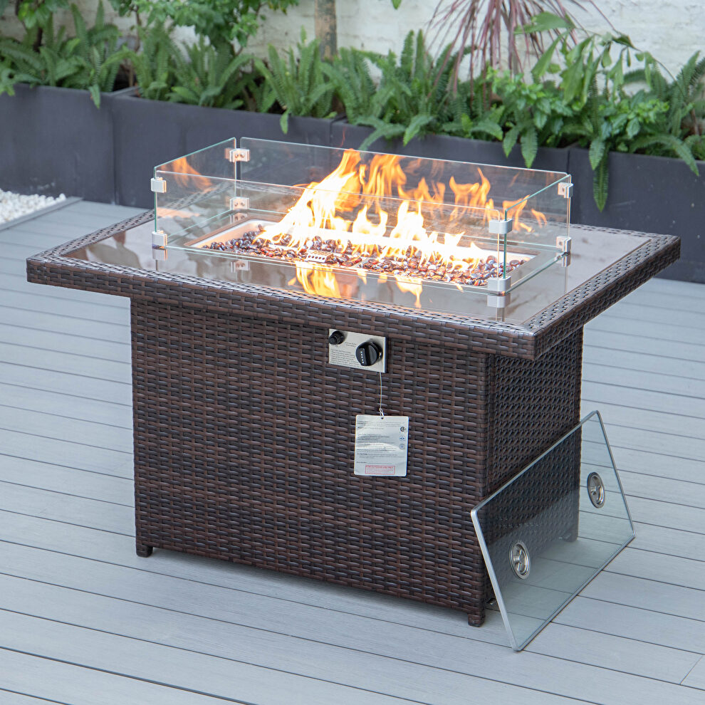 Dark brown wicker patio modern propane fire pit table by Leisure Mod