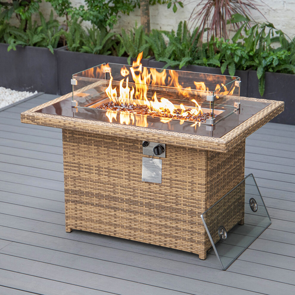 Light brown wicker patio modern propane fire pit table by Leisure Mod