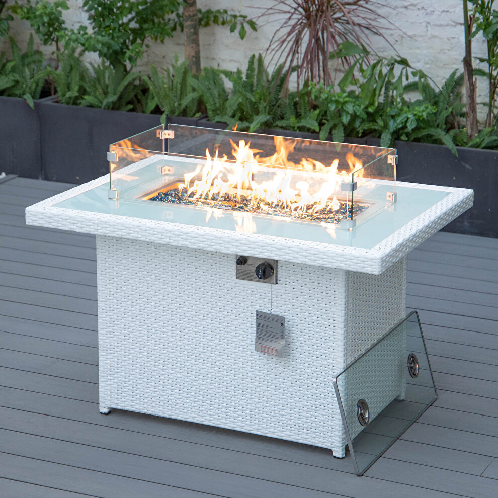 White wicker patio modern propane fire pit table by Leisure Mod
