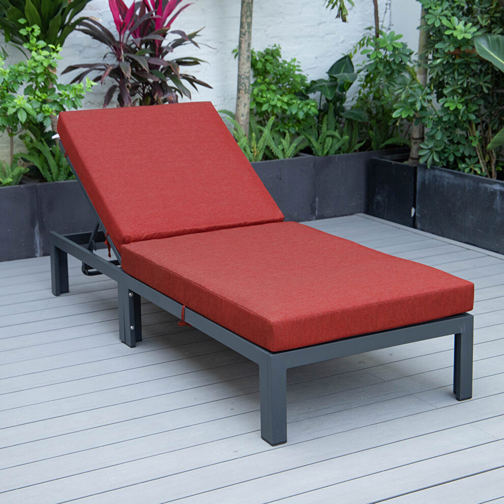 Modern outdoor chaise lounge chair with red cushions by Leisure Mod
