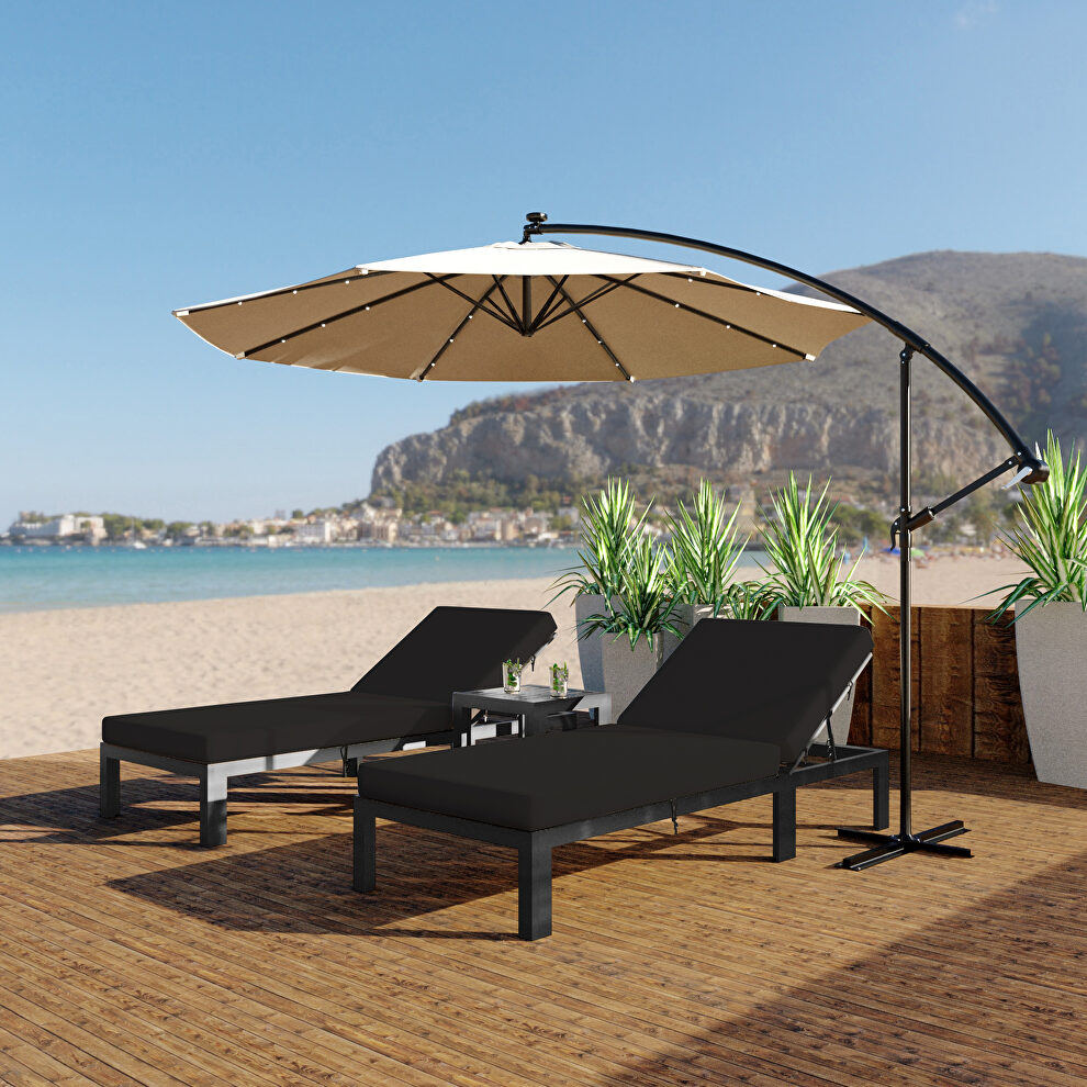 Modern outdoor chaise lounge chair set of 2 with side table & black cushions by Leisure Mod