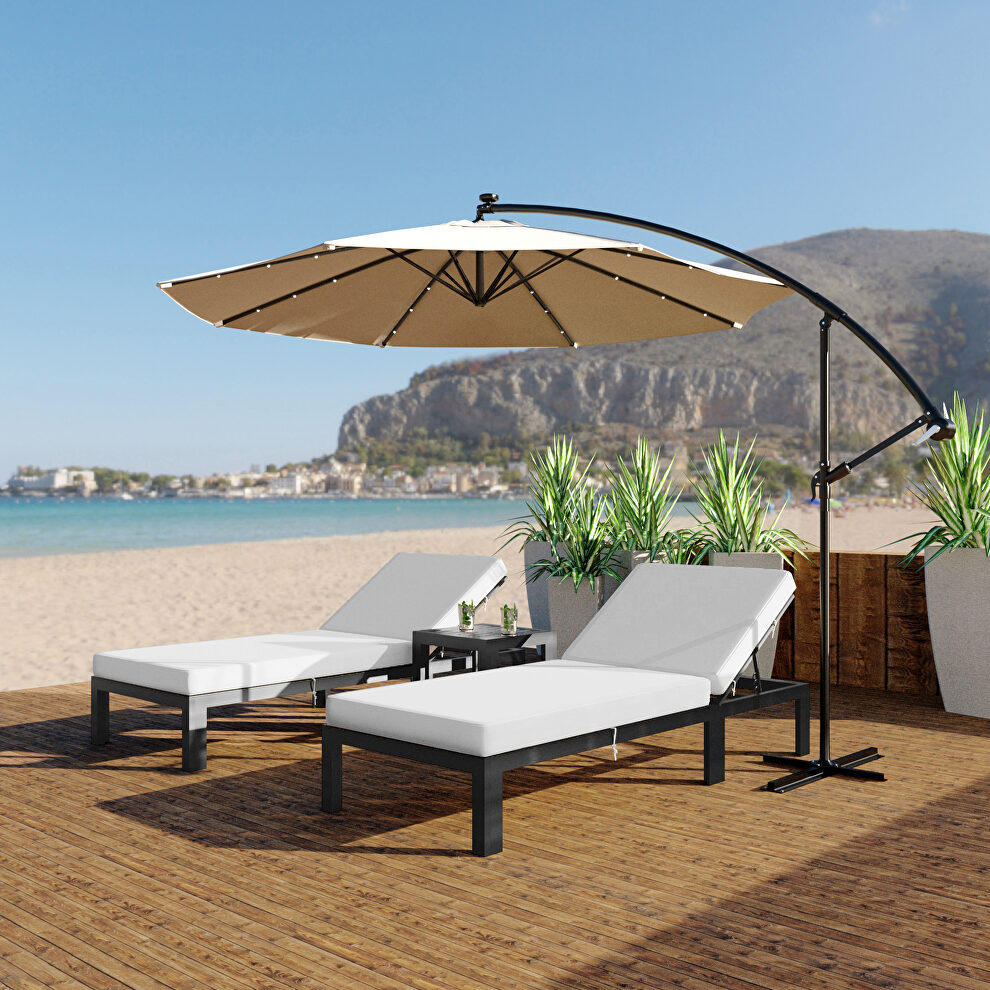 Modern outdoor chaise lounge chair set of 2 with side table & light gray cushions by Leisure Mod