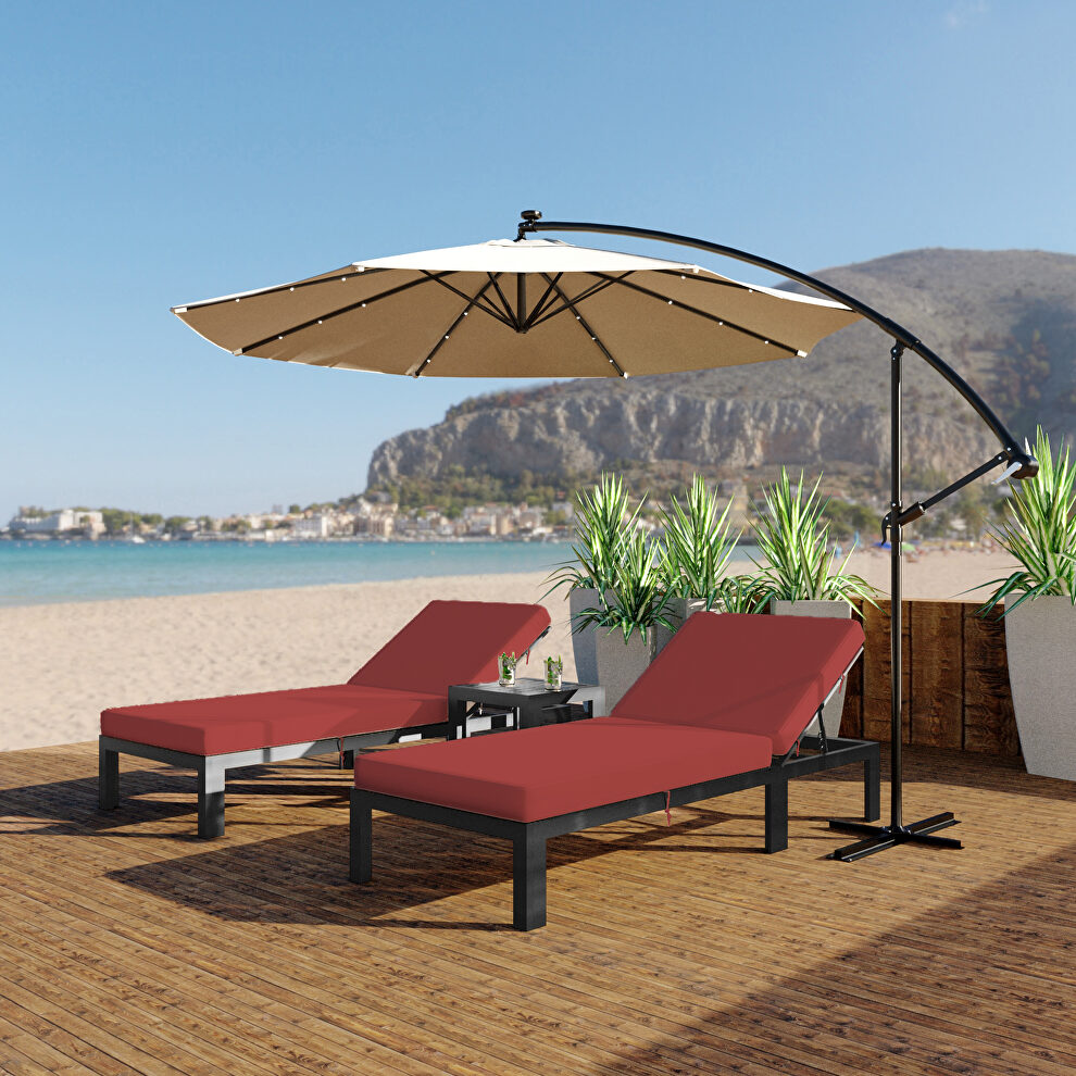 Modern outdoor chaise lounge chair set of 2 with side table & red cushions by Leisure Mod