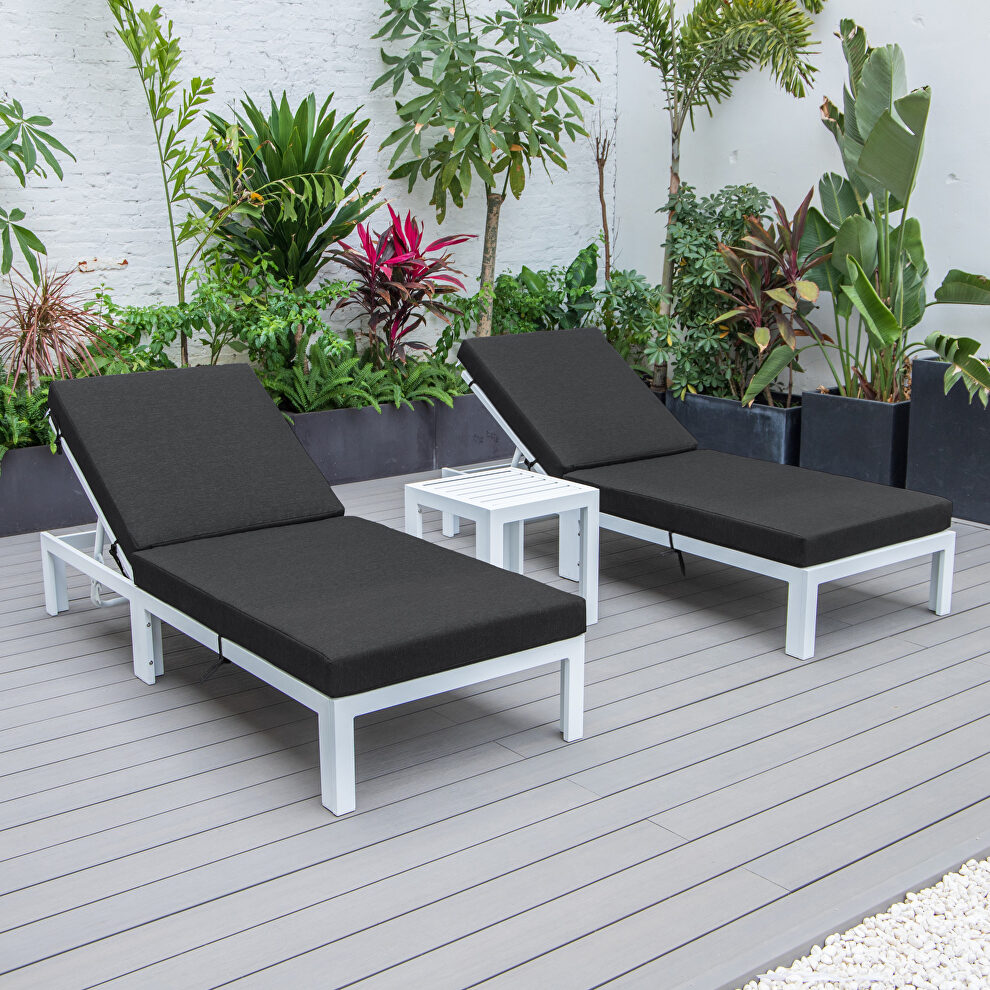 Modern outdoor white chaise lounge chair set of 2 with side table & black cushions by Leisure Mod