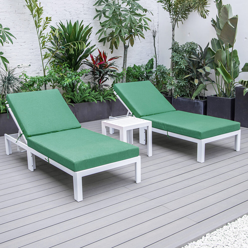 Modern outdoor white chaise lounge chair set of 2 with side table & green cushions by Leisure Mod