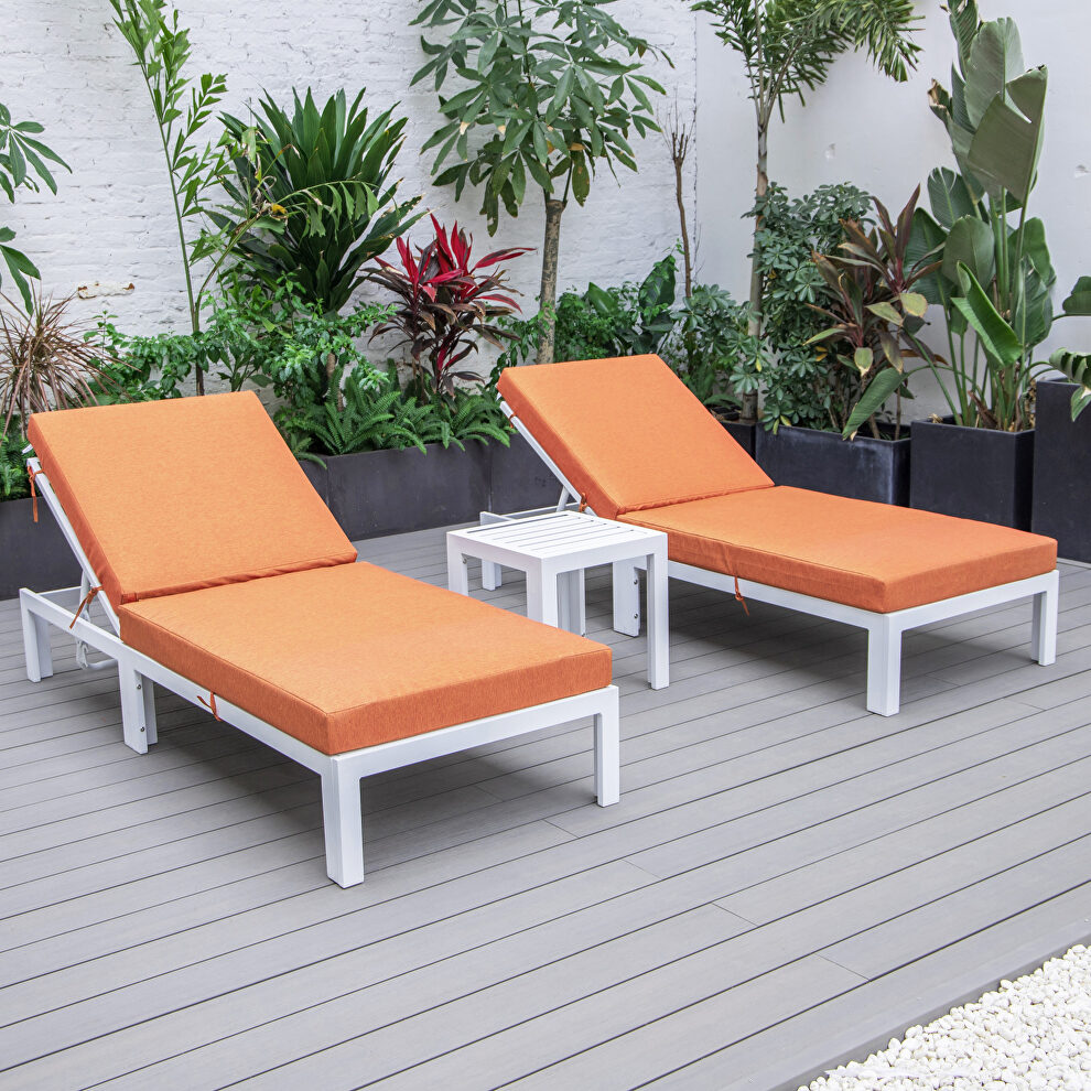 Modern outdoor white chaise lounge chair set of 2 with side table & orange cushions by Leisure Mod