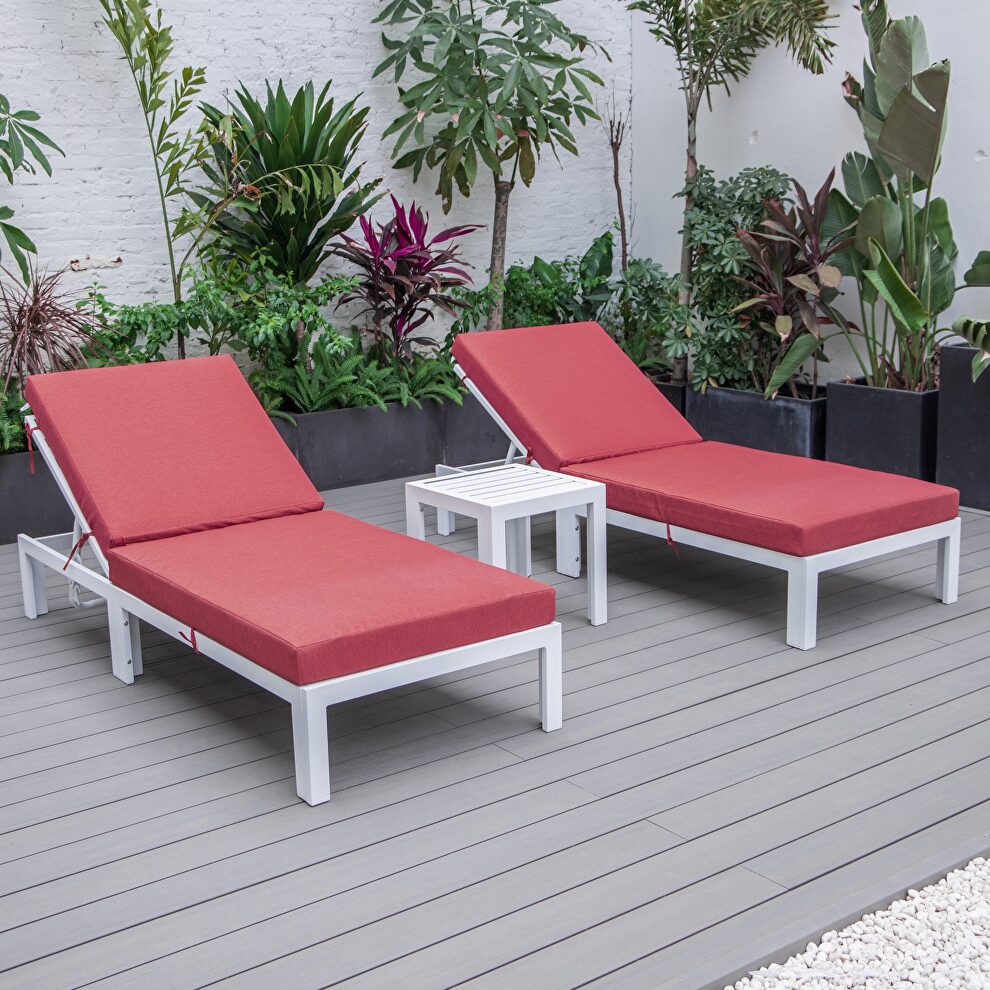 Modern outdoor white chaise lounge chair set of 2 with side table & red cushions by Leisure Mod