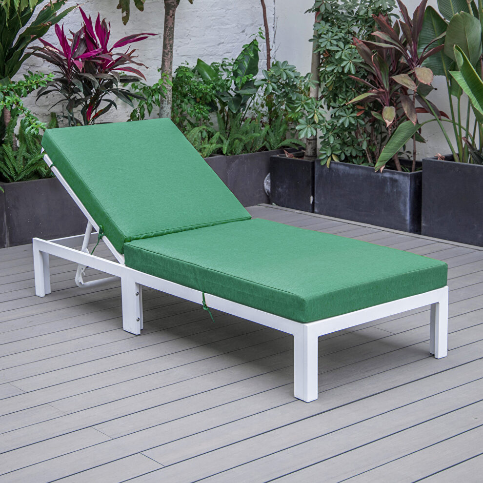 Modern outdoor white chaise lounge chair with green cushions by Leisure Mod