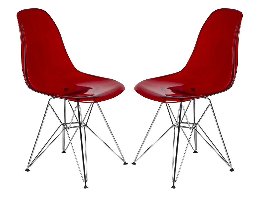 Transparent red plastic seat and chrome base dining chair/ set of 2 by Leisure Mod
