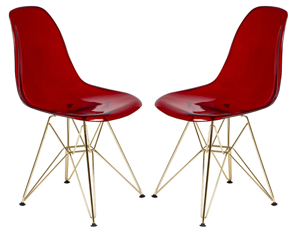 Transparent red plastic seat and chrome legs dining chair/ set of 2 by Leisure Mod