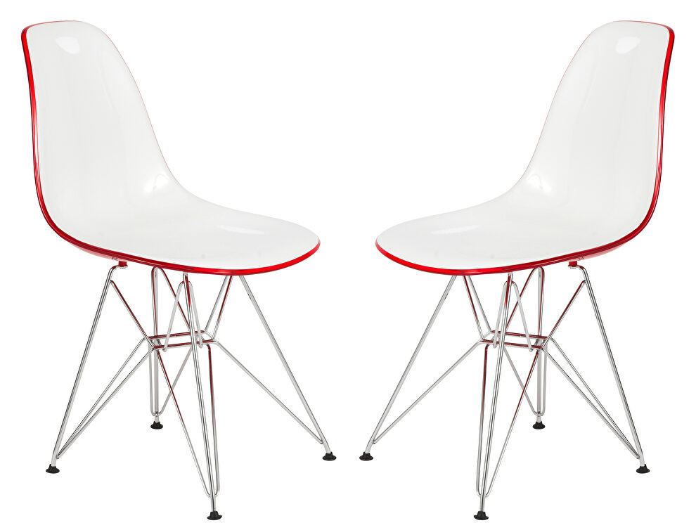 White red plastic seat and chrome base dining chair/ set of 2 by Leisure Mod