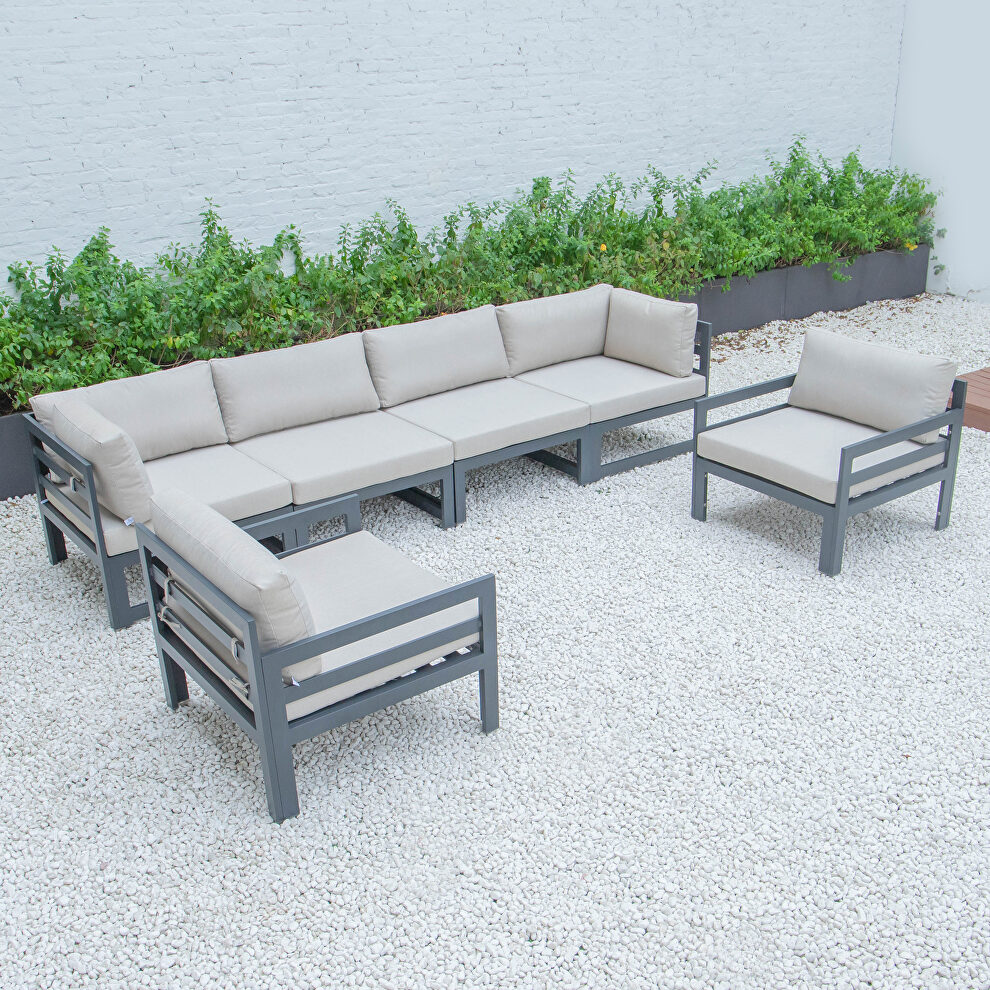 Beige cushions 6-piece patio armchair sectional black aluminum by Leisure Mod