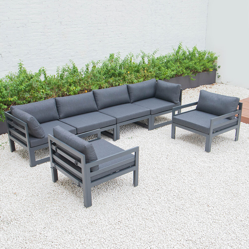 Black cushions 6-piece patio armchair sectional black aluminum by Leisure Mod