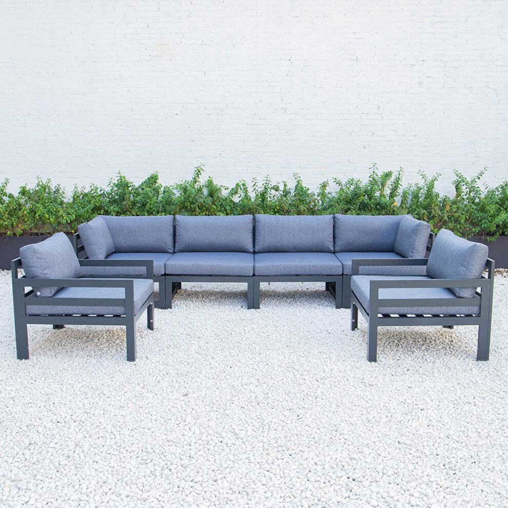 Blue cushions 6-piece patio armchair sectional black aluminum by Leisure Mod
