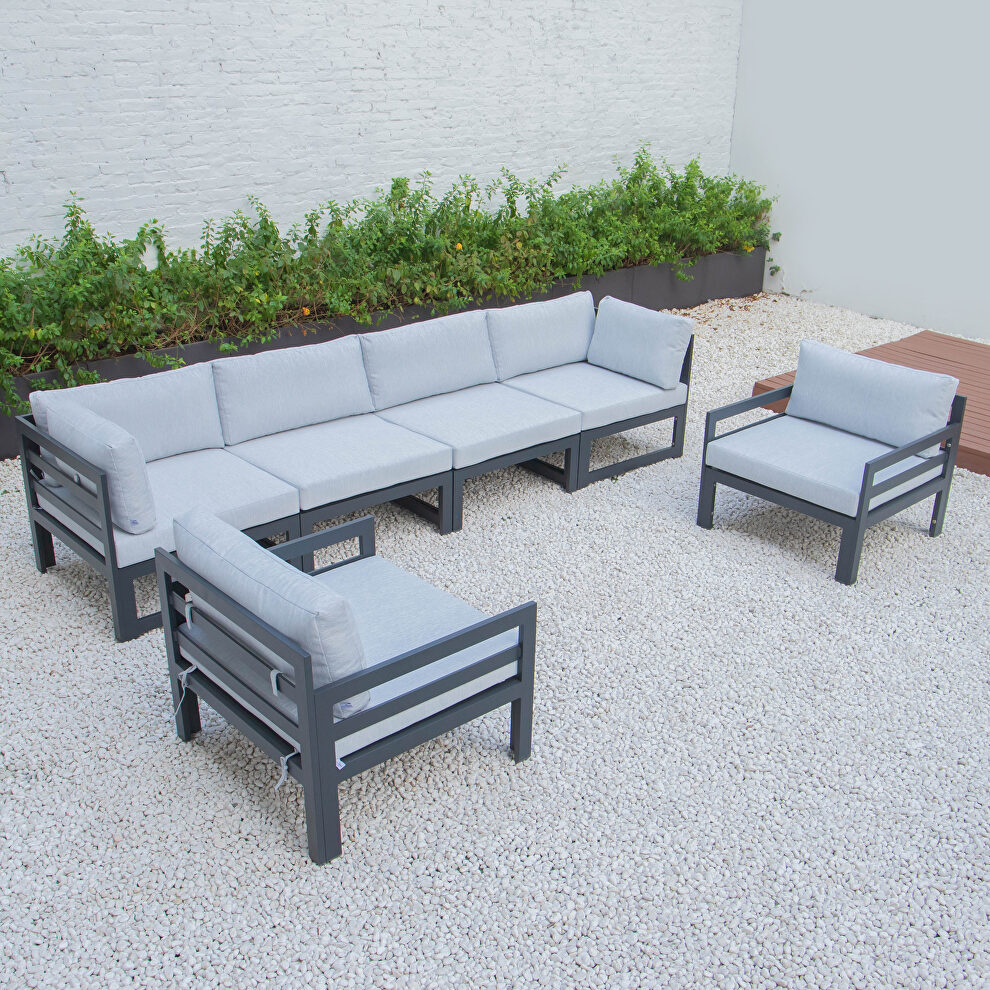 Light gray cushions 6-piece patio armchair sectional black aluminum by Leisure Mod