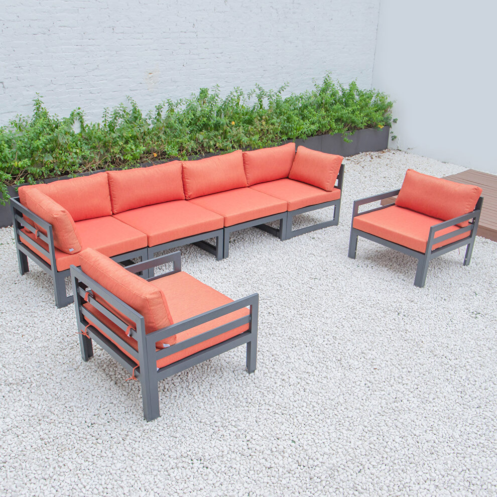 Orange cushions 6-piece patio armchair sectional black aluminum by Leisure Mod