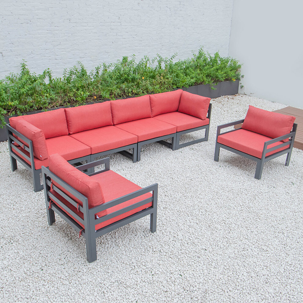 Red cushions 6-piece patio armchair sectional black aluminum by Leisure Mod