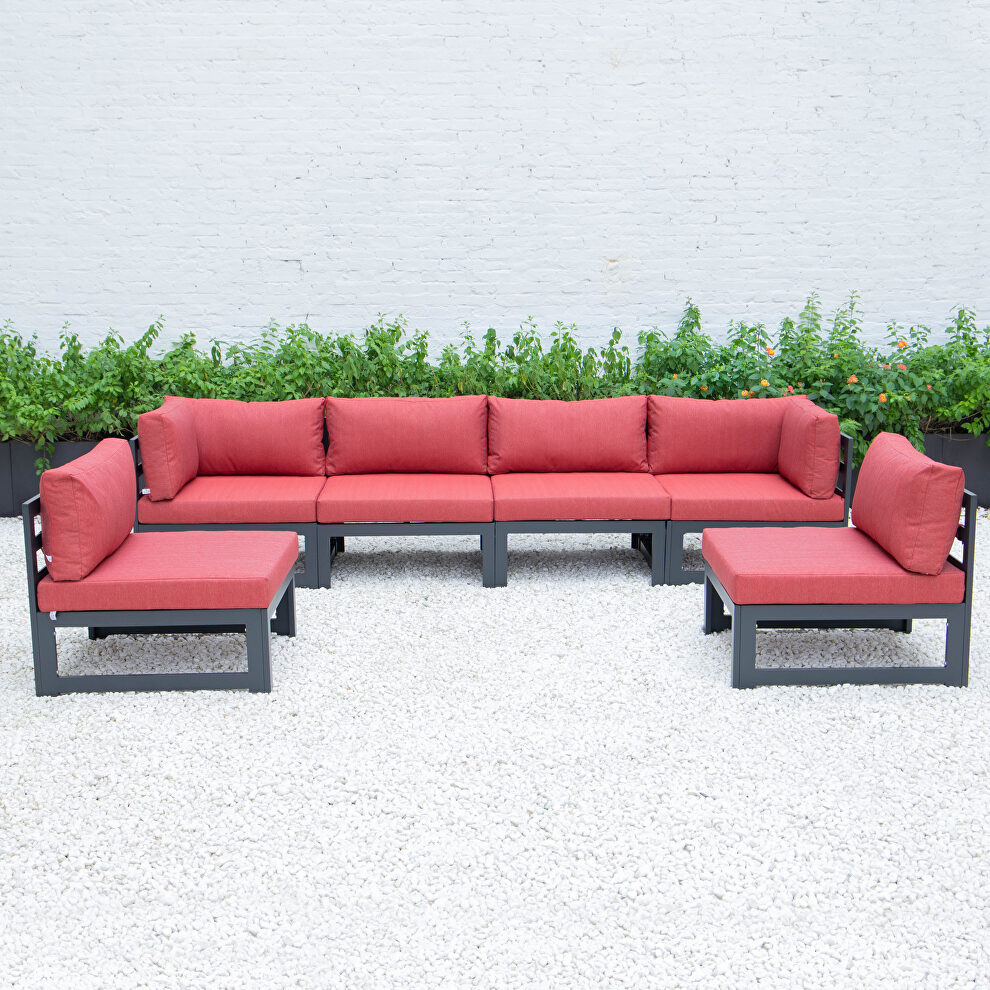 Red finish cushions 6-piece patio sectional black aluminum by Leisure Mod