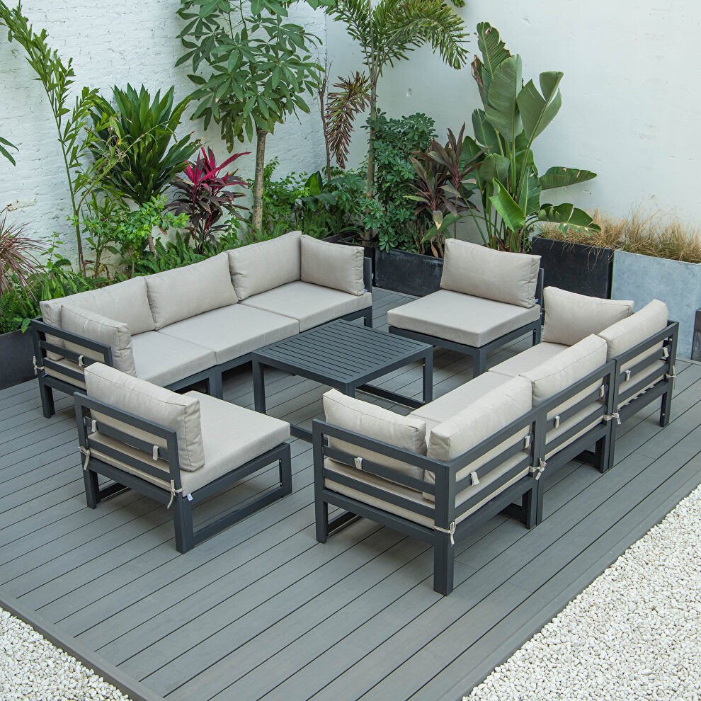 9-piece patio sectional with coffee table black aluminum with beige cushions by Leisure Mod