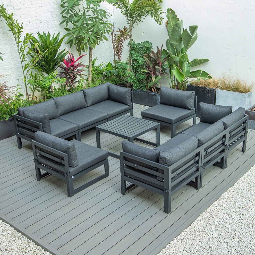 9-piece patio sectional with coffee table black aluminum with black cushions by Leisure Mod