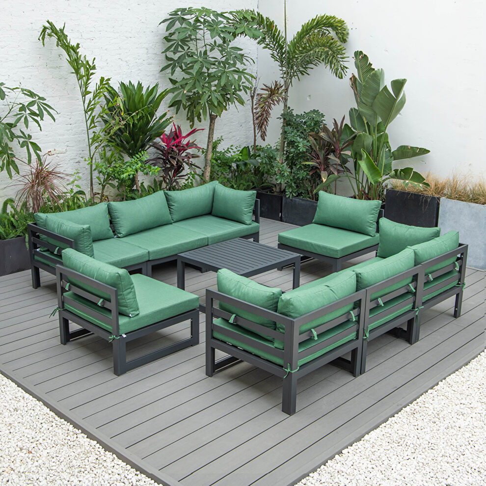 9-piece patio sectional with coffee table black aluminum with green cushions by Leisure Mod