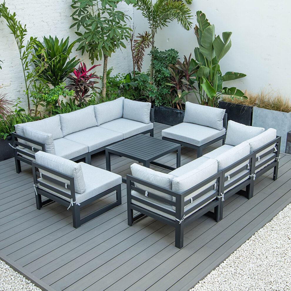 9-piece patio sectional with coffee table black aluminum with light gray cushions by Leisure Mod
