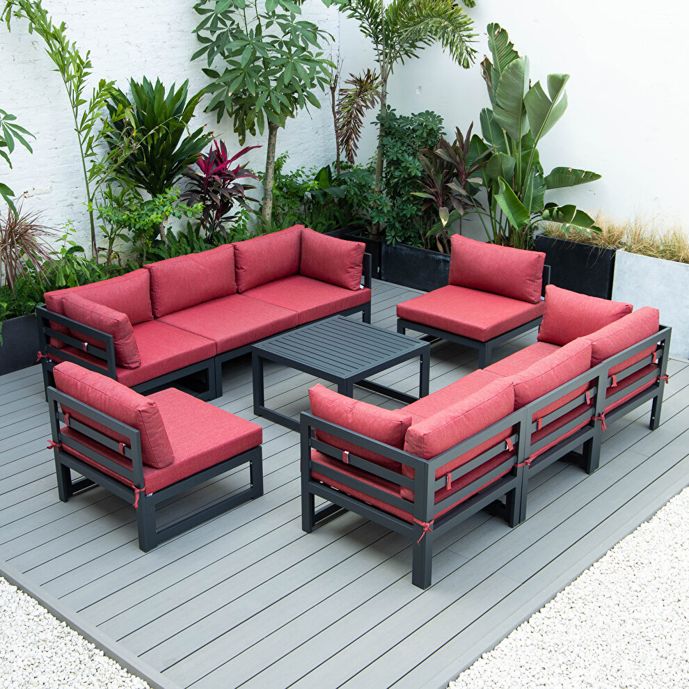 9-piece patio sectional with coffee table black aluminum with red cushions by Leisure Mod