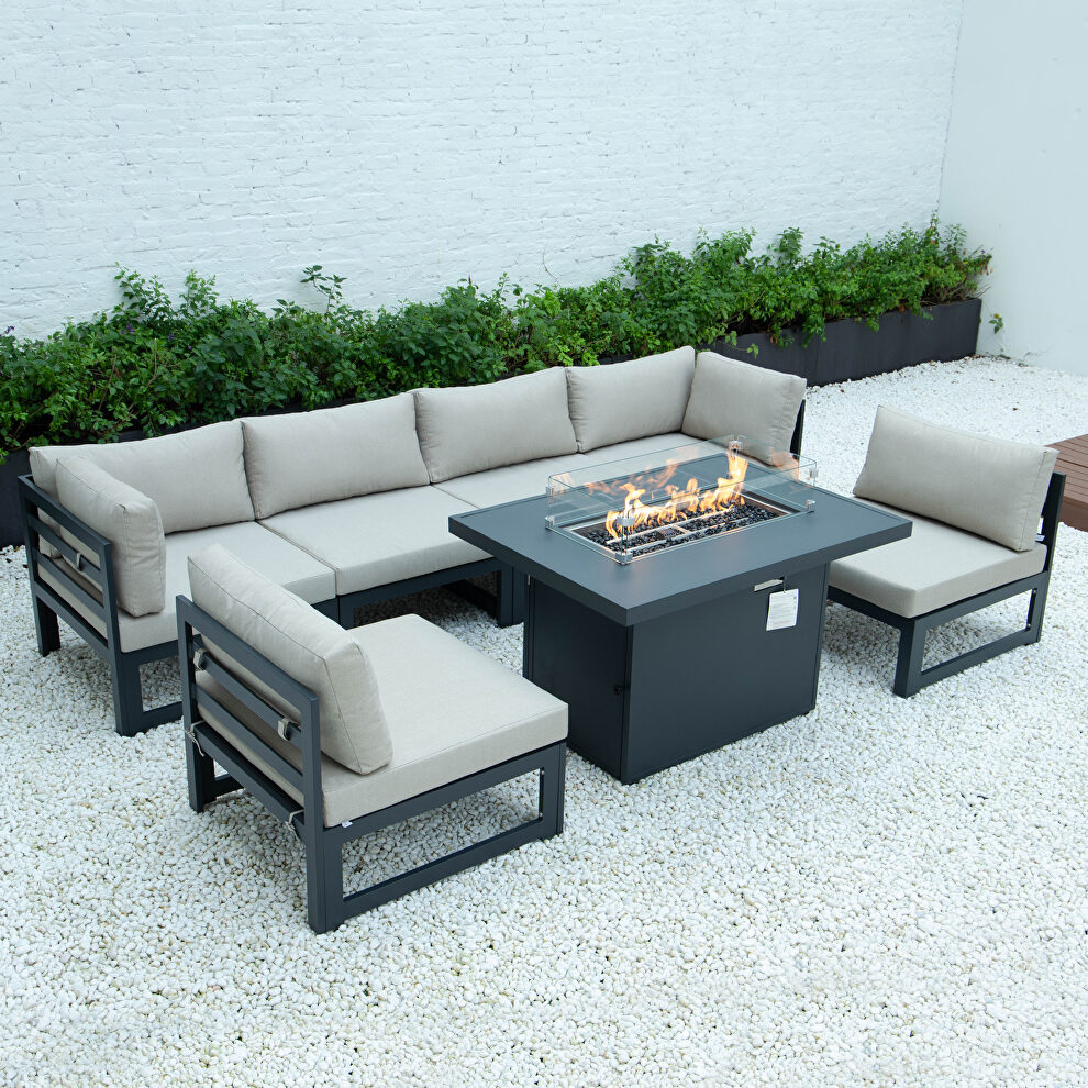 Beige cushions 7-piece patio sectional and fire pit table black aluminum by Leisure Mod