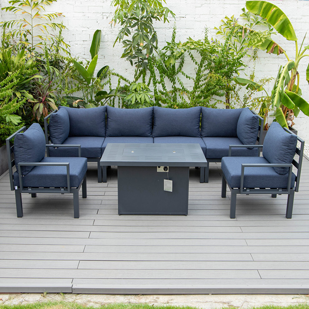 Blue cushions 7-piece patio sectional and fire pit table black aluminum by Leisure Mod