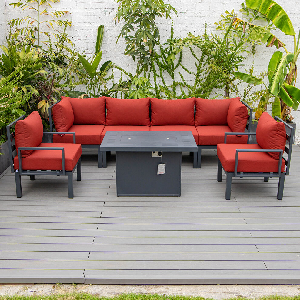 Red cushions 7-piece patio sectional and fire pit table black aluminum by Leisure Mod