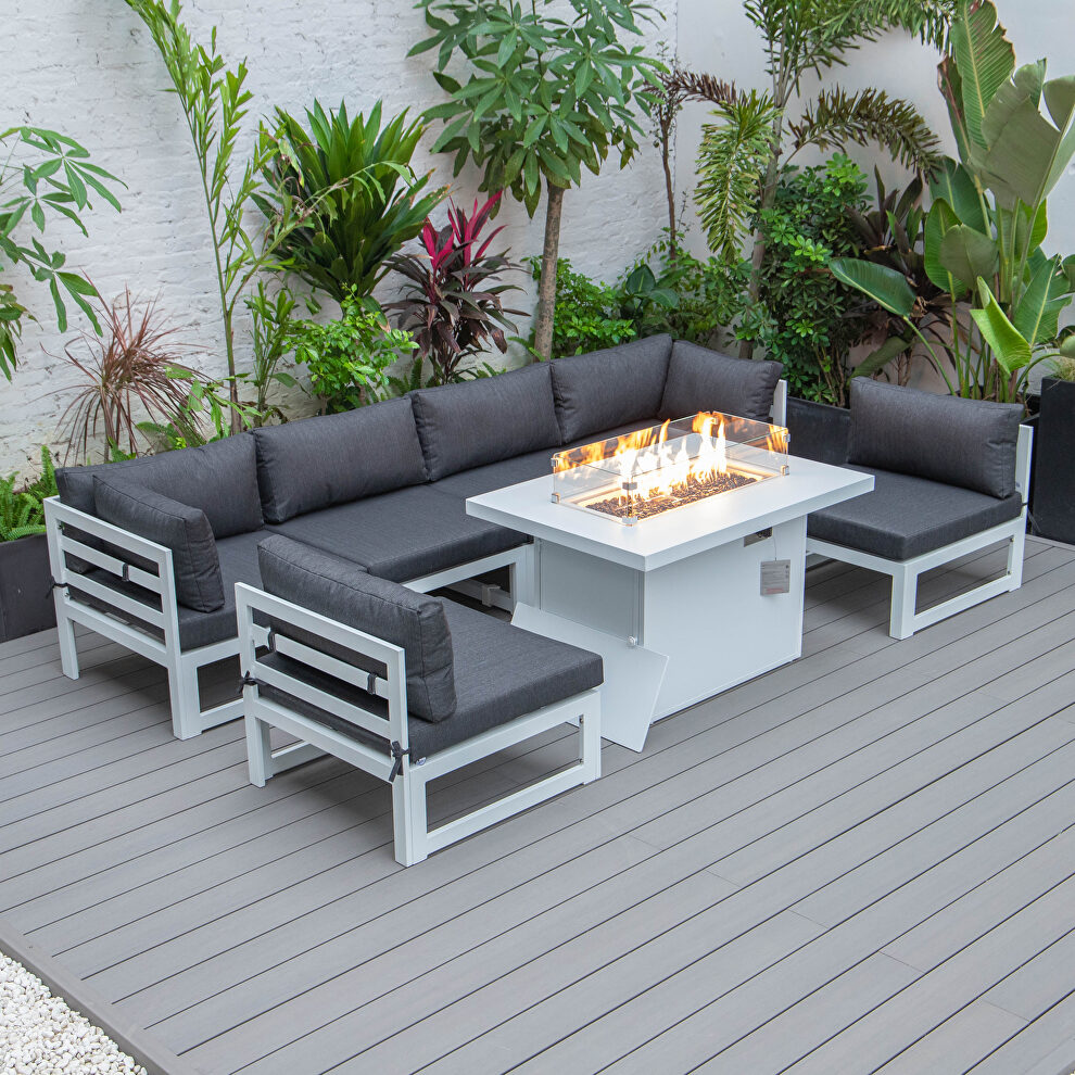 Black cushions 7-piece patio sectional and fire pit table white aluminum by Leisure Mod