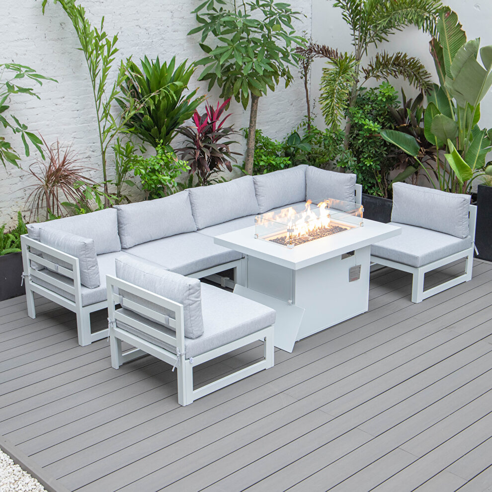 Light gray cushions 7-piece patio sectional and fire pit table white aluminum by Leisure Mod