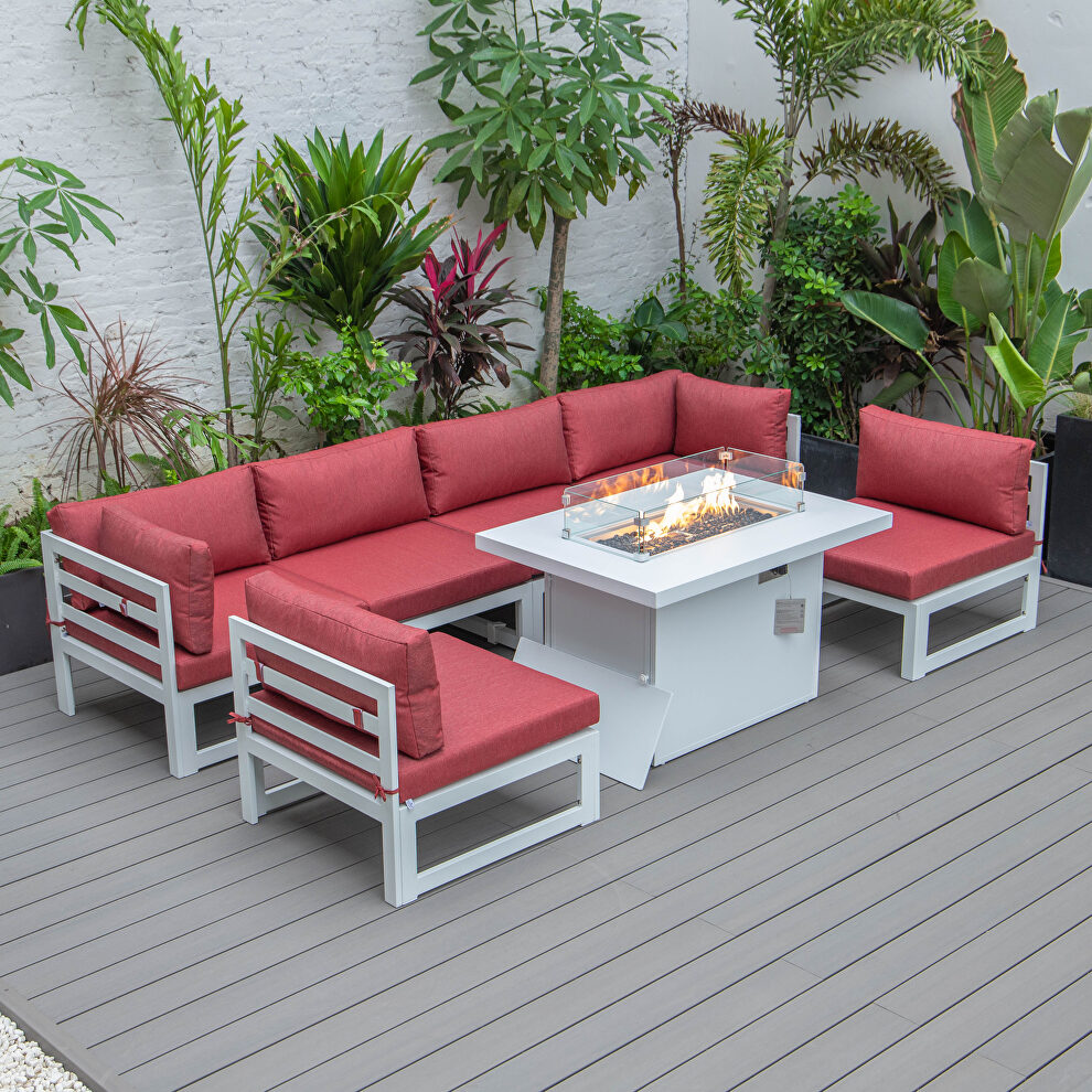 Red cushions 7-piece patio sectional and fire pit table white aluminum by Leisure Mod