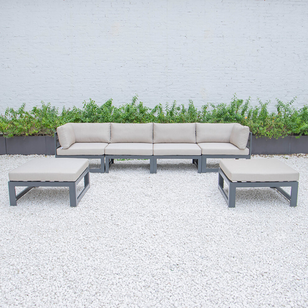 Beige cushions 6-piece patio ottoman sectional black aluminum by Leisure Mod