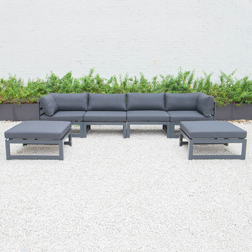 Black cushions 6-piece patio ottoman sectional black aluminum by Leisure Mod