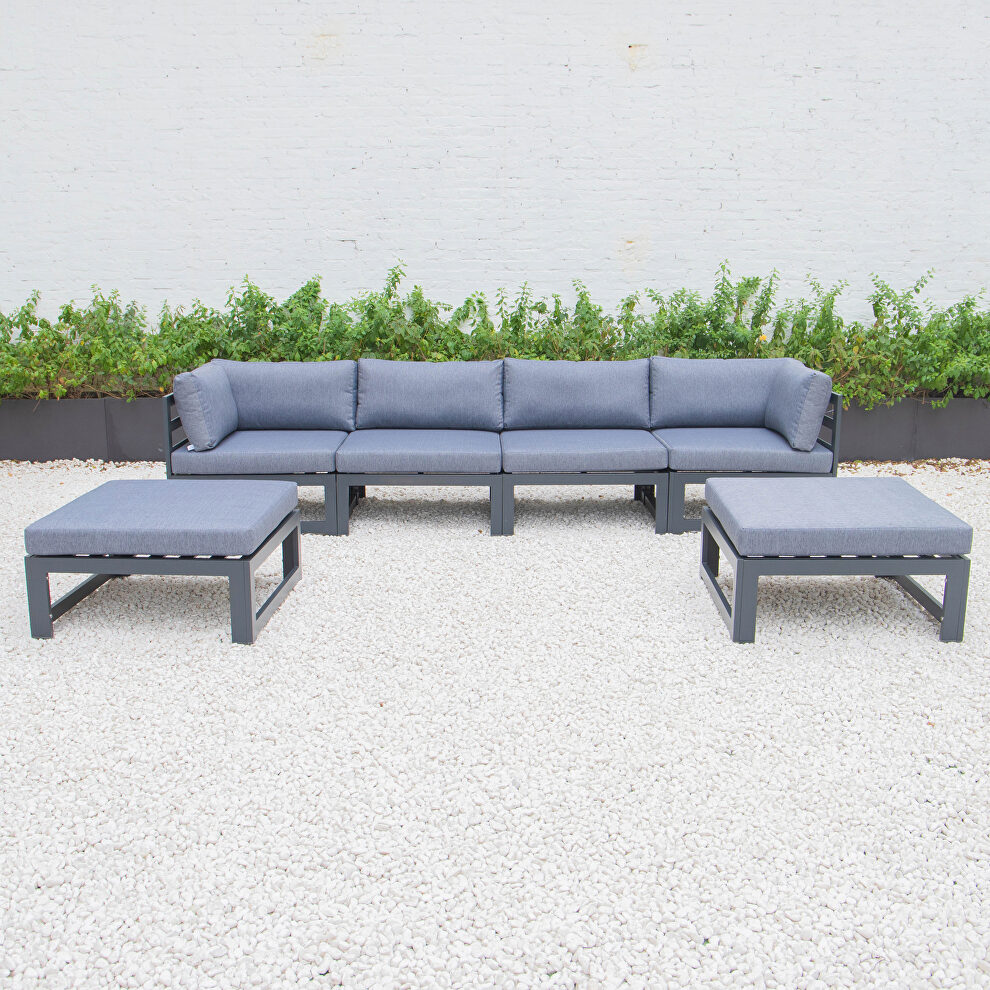 Blue cushions 6-piece patio ottoman sectional black aluminum by Leisure Mod