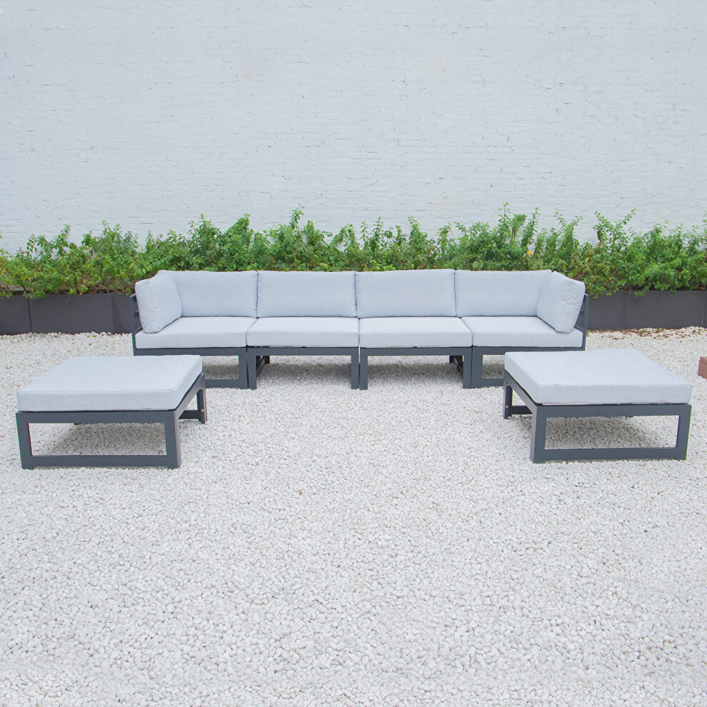 Light gray cushions 6-piece patio ottoman sectional black aluminum by Leisure Mod
