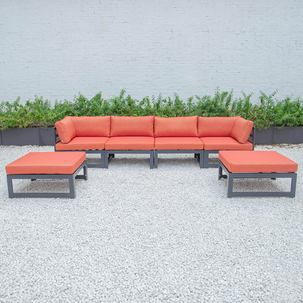 Orange cushions 6-piece patio ottoman sectional black aluminum by Leisure Mod