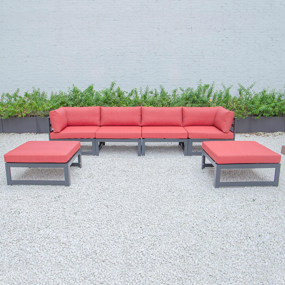 Red cushions 6-piece patio ottoman sectional black aluminum by Leisure Mod