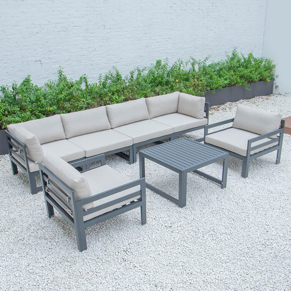 Beige cushions 7-piece patio sectional & coffee table set black aluminum by Leisure Mod