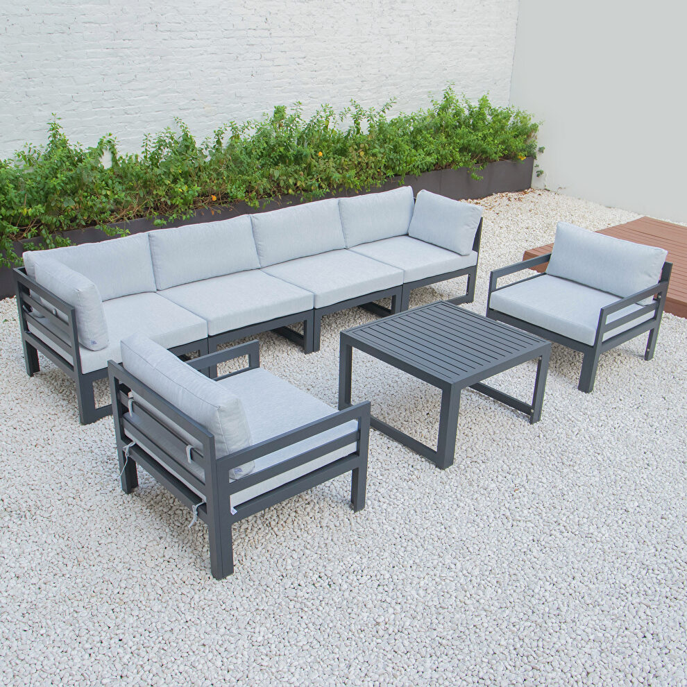 Light gray cushions 7-piece patio sectional & coffee table set black aluminum by Leisure Mod