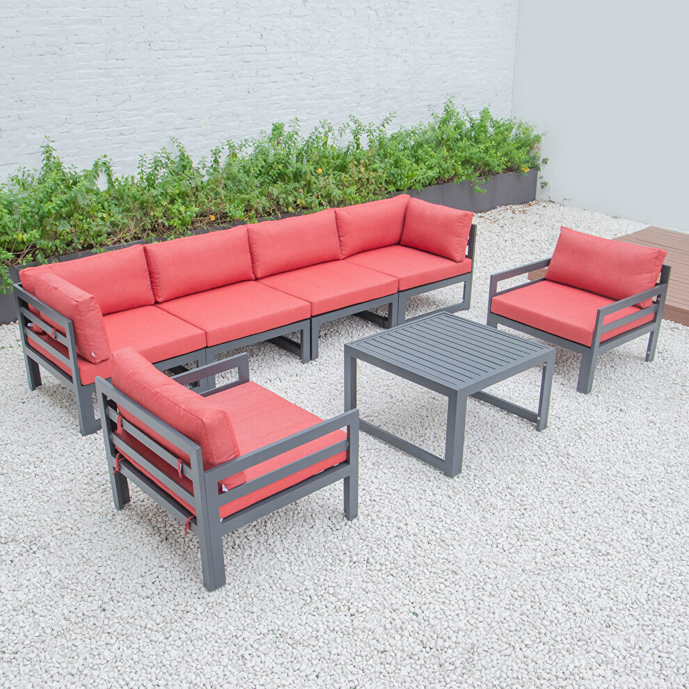 Red cushions 7-piece patio sectional & coffee table set black aluminum by Leisure Mod