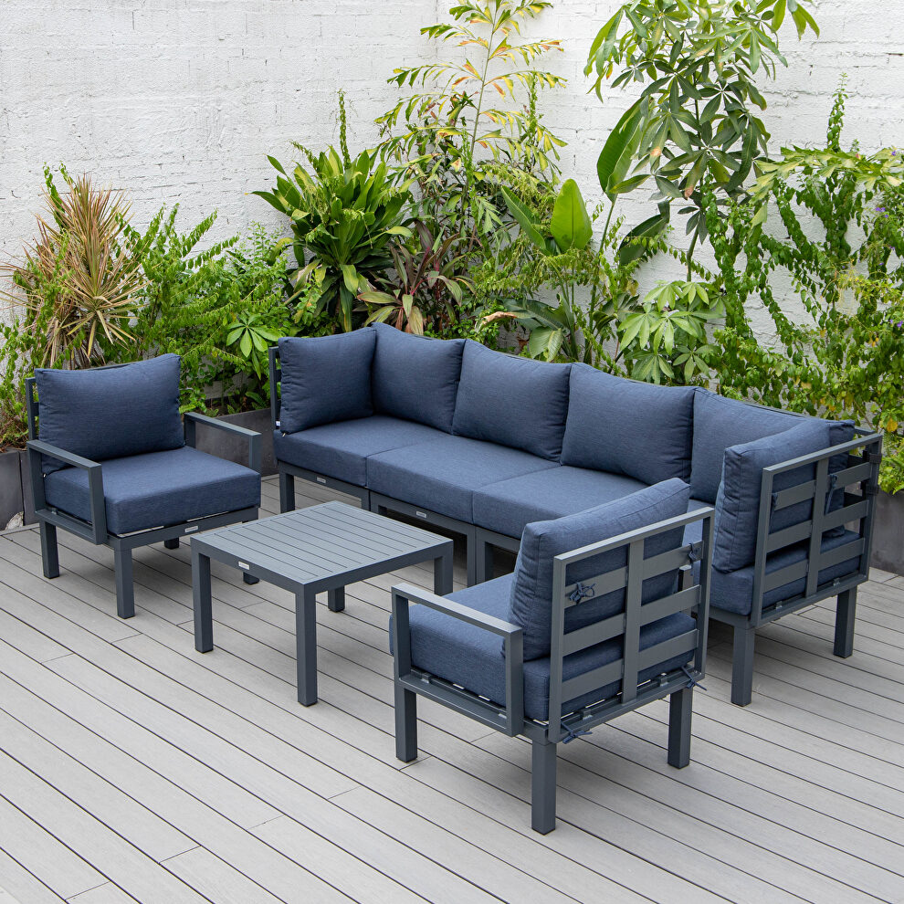 Blue finish cushions 7-piece patio sectional and coffee table set black aluminum by Leisure Mod